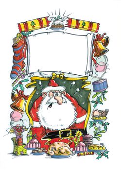 A hand drawn illustration of a miserable looking Santa Clause surrounded by christmas goodies. Space at top of image for text etc.