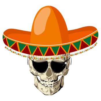 Mexican human skull with sombrero hat and eye glasses, conceptual icon for "Day of the Dead" holiday
