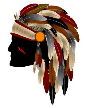 Native American Indian chief with feathers, isolated object over white background