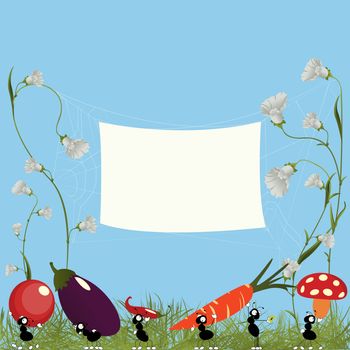 Cartoon illustration with ants carrying vegetables and a banner for text