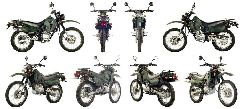 Collection of photos of scooters and motorcycles on a white background. Some images from different foreshortenings in one file.