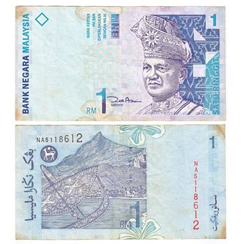 Malaysian ringit banknote over white background.