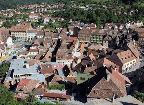 Rooftops view of Sighisoara/ Sachsburg city in Transylvania, Romania.