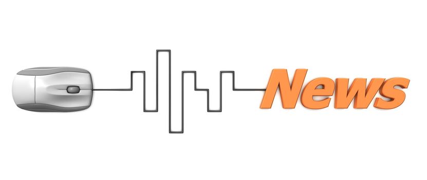 grey computer mouse connected to the orange word News via digital waveform cable