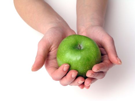Apple in hands on white background