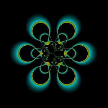 A mandala shaped fractal done in shades of blue and green on a black background.