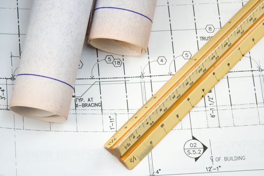 Plans and blueprints for an architect's design drawings