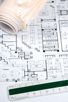 Plans and blueprints for an architect's design drawings