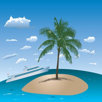 Tropical island with one palm and ship in the sea.