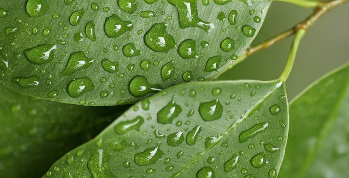 Rain drops on tree branch leaves in an extreme closeup