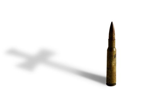 Riffle bullet casting cross shadow. Isolated on white.