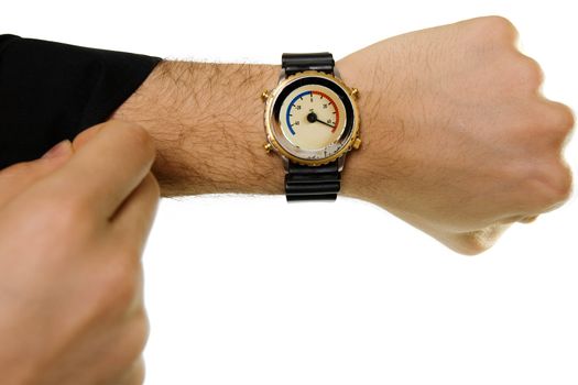 Hand with a wrist-watch with a thermometer (in Celsius) instead of hours dial. White background.