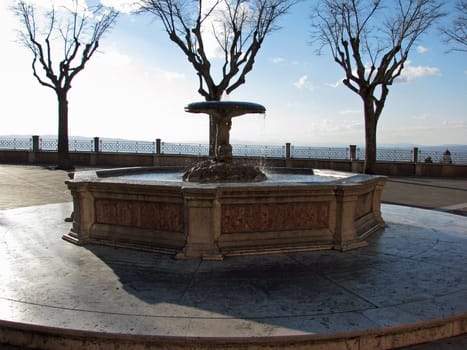 Three trees and a fountain in front of St. Clare Basilica in Assisi, Italy.