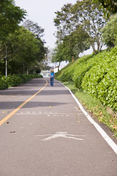 Perspective shot of a road with a pedestrian symbol painted on it and with female figure walking in the background.