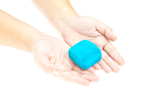 hand and gift over white background