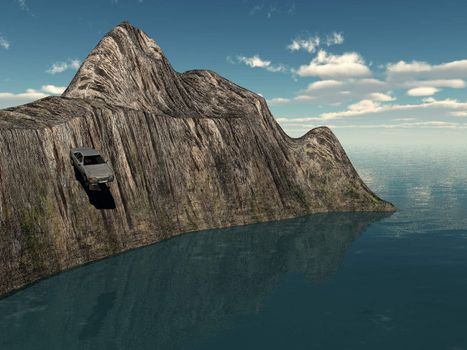 A car that has had a terrible accident driving of a cliff.