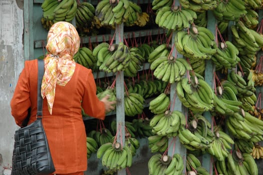 woman choosing for fresh banana that sold in traditional market