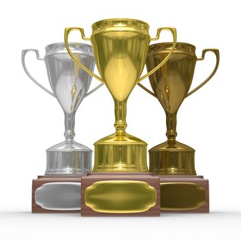 cups of winner on white background. Isolated 3D image