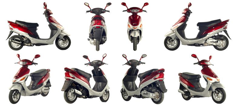 Collection of photos of scooters and motorcycles on a white background. Some images from different foreshortenings in one file.