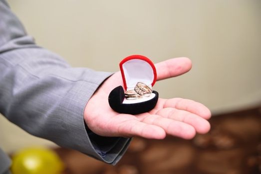 Hand of groom holding a box with a wedding bands