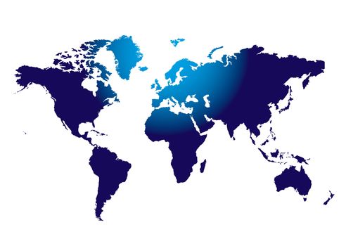 outline of the world mass in blue with light shining on the top section