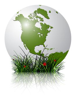earth globe and grass reflected against white background; abstract vector art illustration; image contains transparency and clipping masks