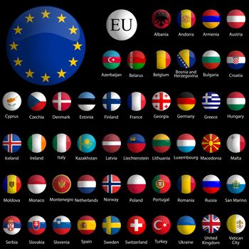 europe glossy icons collection against black background, abstract vector art illustration