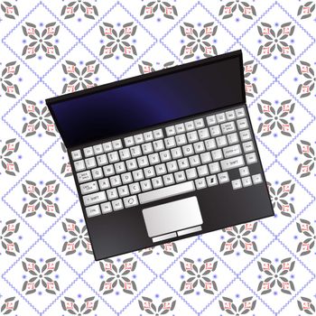 laptop over flowerish texture, abstract vector art illustration; image contains transparency