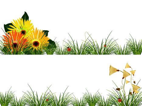 headers with flowers, grass and ladybugs; abstract vector art illustration; image contains transparency