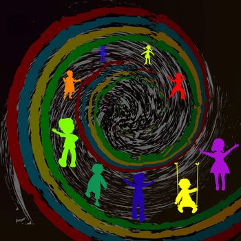 kids and time spiral, abstract art illustration
