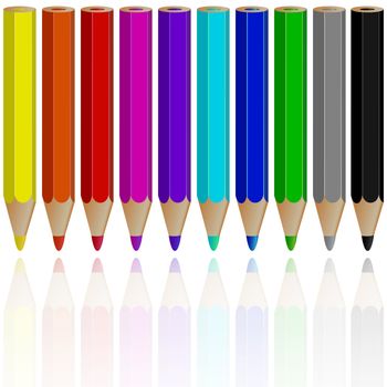 pencils reflected against white background, abstract vector art illustration; image contains transparency