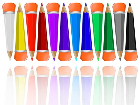 reflected pencils collection with rubbers against white background, abstract vector art illustration; image contains opacity mask