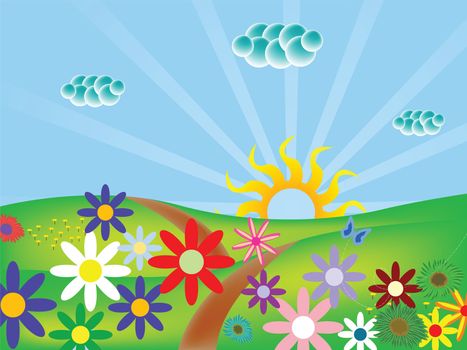 spring landscape with flowers and butterfly, abstract vector art illustration