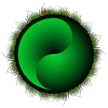 yin yang sphere with grass and ladybug against white background; abstract vector art illustration