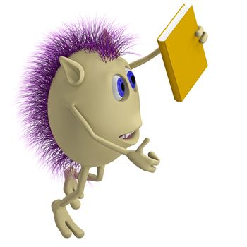 3D puppet with purple hairs holding yellow book