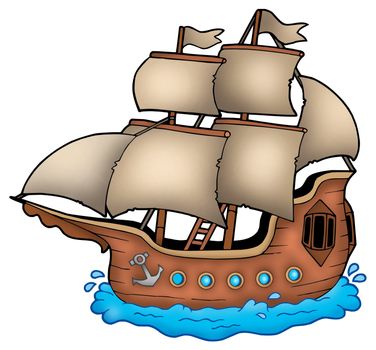 Old ship on white background - color illustration.