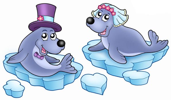 Wedding with cute seals - color illustration.