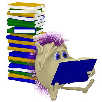 3D puppet sitting before big pile of books