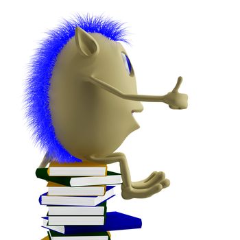 3D puppet with blue hairs sitting on books