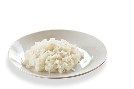 Thai food, jasmine rice cooked on plate, on  white background
