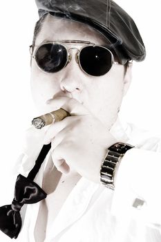 Macho man with cigar and sunglasses. High key.