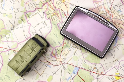 GPS - global positionung system and car on old map