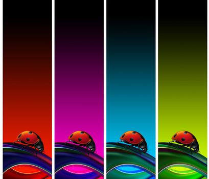 Set of four banners with ladybug and multicolored background