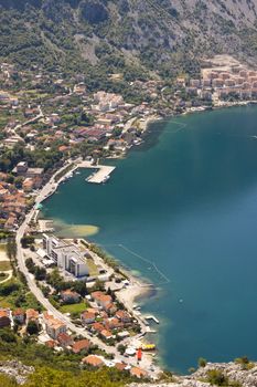 Aerial view on Risan town on coast of Kotor bay.