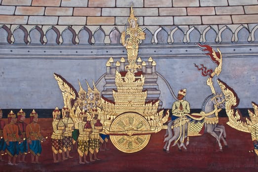 Thai temple mural in the ground of Wat Phra Kaeo at the Grand Palace, Bangkok, Thailand.