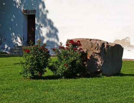 Flowers and stone on a background of a wall of the house