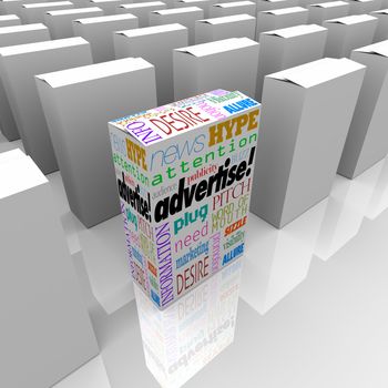 A box with words like Advertise, Marketing, Buzz, Hype, Attention, Publicity and more aims to draw attention of customers and stand out from competing products
