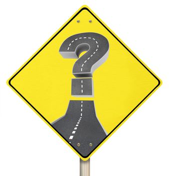 A road and question mark on a yellow warning sign representing confusion and a need to seek answers to your question