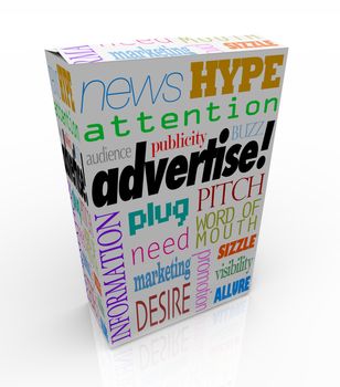 The word Advertise and many others representing commercial communication -- marketing, buzz, attention, audience, hype and more -- on a white product box