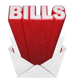 The word Bills coming out of an open envelope representing the time of the month to pay your bills - credit card, mortgage and other loans, utilities and other expenses